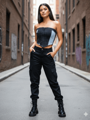 Top Patchwork Denim Negro